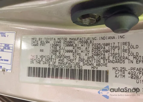 2004 Toyota Sienna Le z USA, uszkodzony, nr VIN 5TDBA23CX4S016703